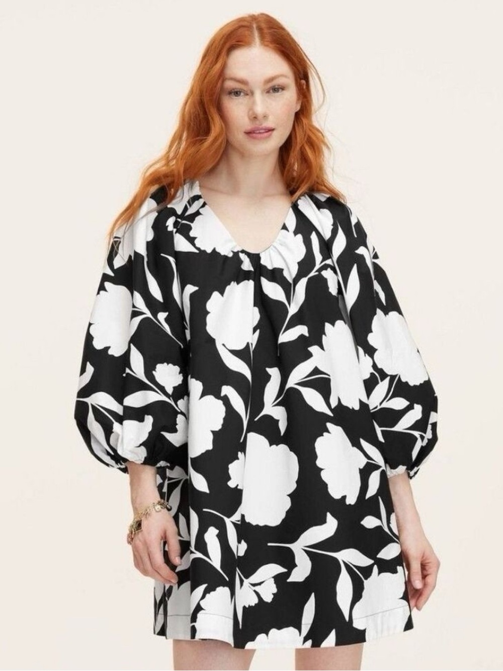Black & White Floral Puff-Sleeve Tunic Top